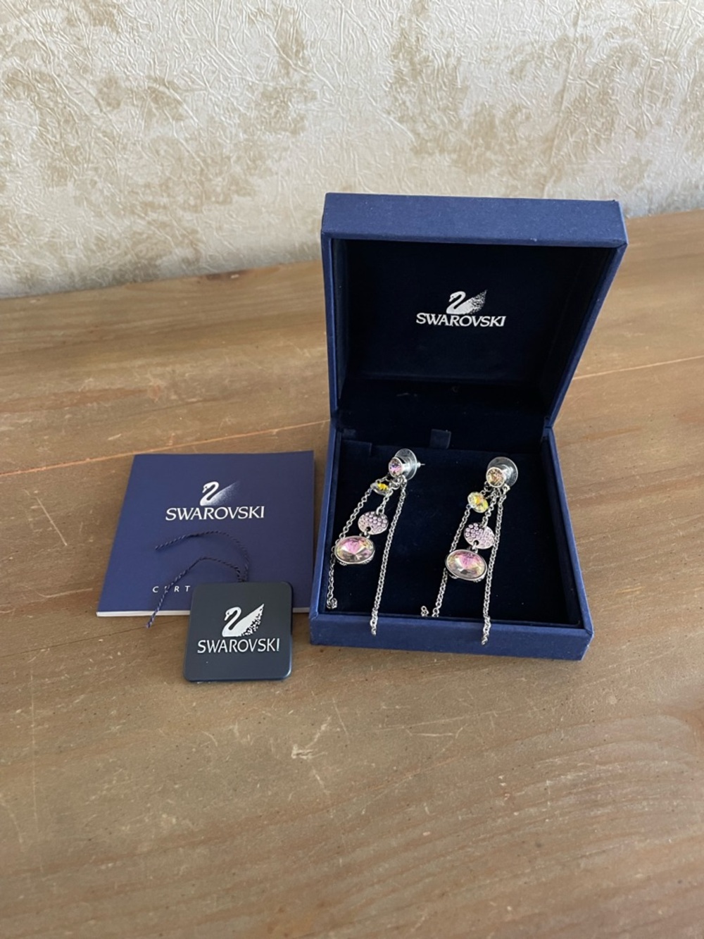 Swarovski Silver Drop Earrings with Pink and Yellow Crystals